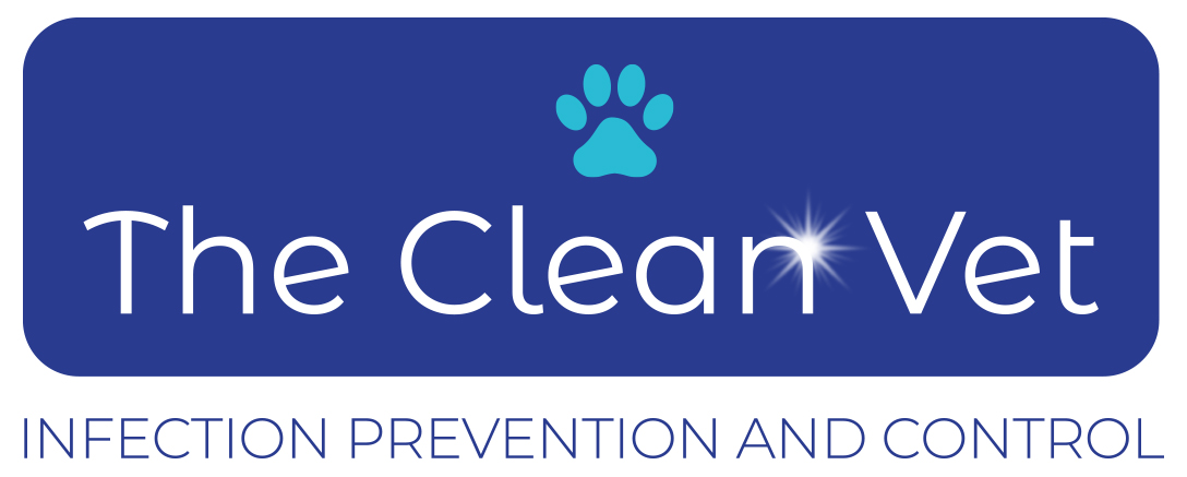 The Clean Vet logo, words in white on dark blue rectangle, sparkle on word and aqua paw print above. Tagline reads Infection Prevention and Control.