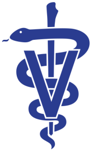 Vet caduceus in blue, serpent around a stake with a V in foreground.